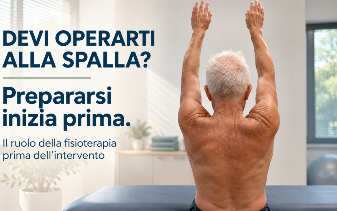 Uomo di spalle con entrambe le braccia sollevate. Testo: &laquo;Devi operarti alla spalla? Prepararsi inizia prima. Il ruolo della fisioterapia prima dell&rsquo;intervento&raquo;.