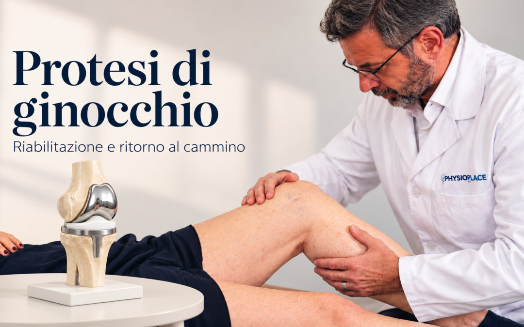 Uno dei fisioterapisti del centro fisioterapico Physioplace a Busto Arsizio valuta il ginocchio di una paziente, con un modello anatomico di protesi totale di ginocchio in primo piano.